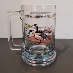Vintage Ducks Glass Mug Beer Stein Gold Greek Key Accent Dad Father Bar Hunt 5"